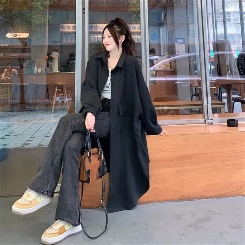 Женский свободный тренчкот средней длины Однотонная рубашка с рукавом летучая