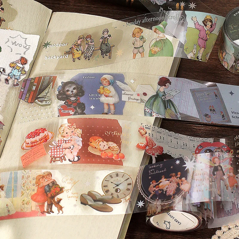 

PETP Retro Masking Tape Aesthetic Scrapbook Vintage Decorative Diary Collage Planner Accessories Cartoon Character Sticker Roll