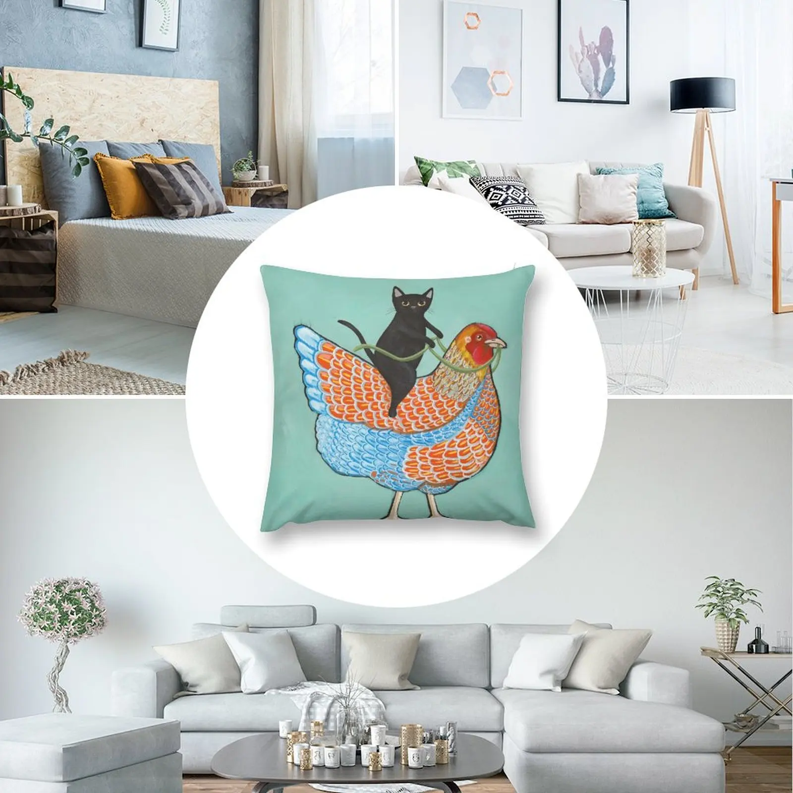 Декоративная наволочка с изображением курицы и черной кошки