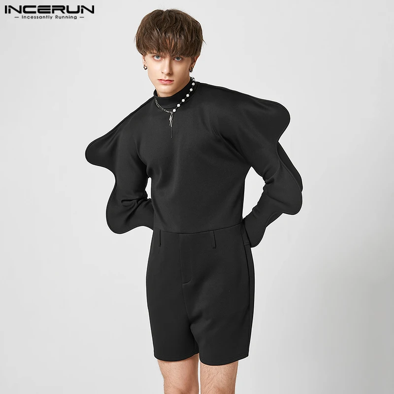 

INCERUN Men Rompers Solid Streetwear Turtleneck Long Gigot-sleeve Fashion Male Jumpsuits 2023 Casual Irregular Playsuits S-5XL