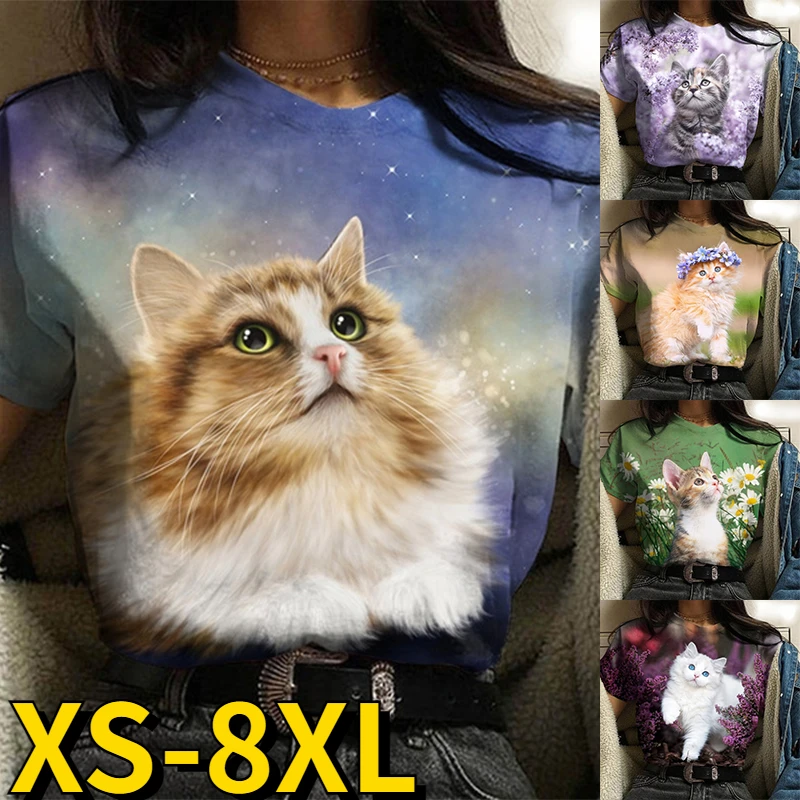 

2023 пуловер с круглым вырезом, женская футболка с принтом животных, Женский Повседневный пуловер с коротким рукавом, модный топ, летняя свободная футболка