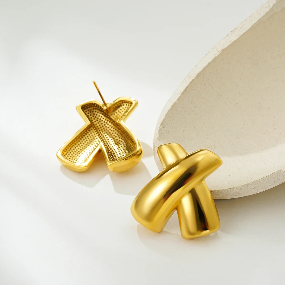 Punk Gold Color Smooth Cross Chunky Earrings for Women Thick X-shape Lightweight Statement Drop Earring Fashion Jewelry Gifts