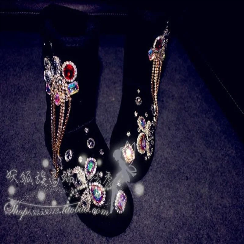 

Handmade custom tassel rhinestone black fur one warm and comfortable mid-tube fur snow boots 35-40
