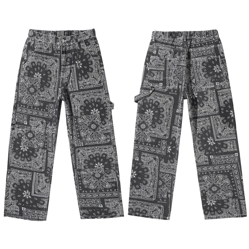 Streetwear Men's Printed Jeans 2021 Autumn New Korean Version Baggy Wide Leg Pants Denim Pants Male Brand Clothes