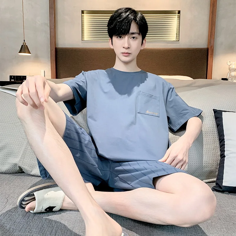 

Новая корейская мода, пижамный комплект для мужчин, одежда для сна из модала, Женская домашняя одежда, шорты с коротким рукавом и круглым вырезом, Повседневная Пижама, ночная Пижама