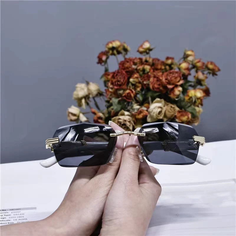 

Fashion Rimless Cutting Lens Sunglasses Women Vintage Gradient Tea Frameless Metal Shade Sun Glasses Summer Outdoor UV400 2022