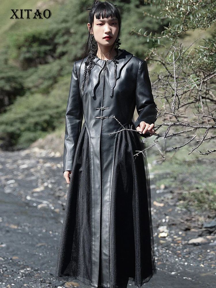 

XITAO Black Fashion Dress Temperament Pu Long Sleeve Turn-down Collar Women Simplicity Mesh Big Hem Dress Autumn New ZZ0195