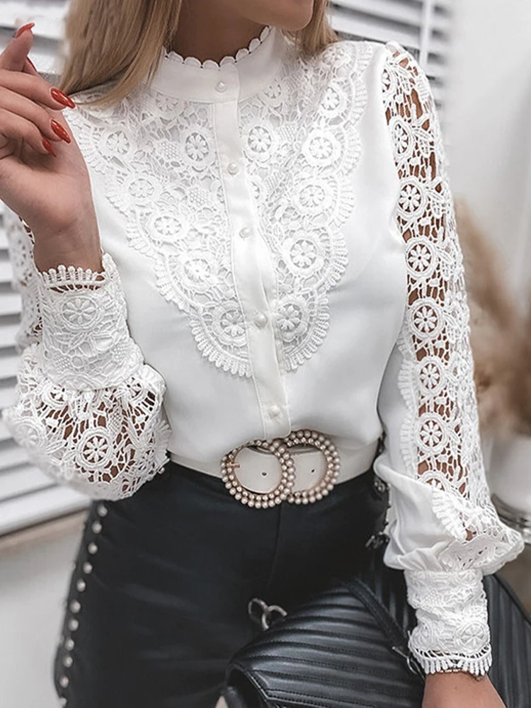 

White Lace Shirt Women Elegant Long Sleeve Blouse Ladies Sexy Fashion Hollow Out Tops Female Casual Chic Single Breasted Shirts