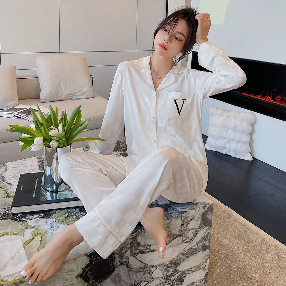 Autumn Women Pajamas Silk Satin Long Sleeve Trousers Two Piece Pyjamas Pajama Sets Sleepwear Turn Down Collars Female Loungewear