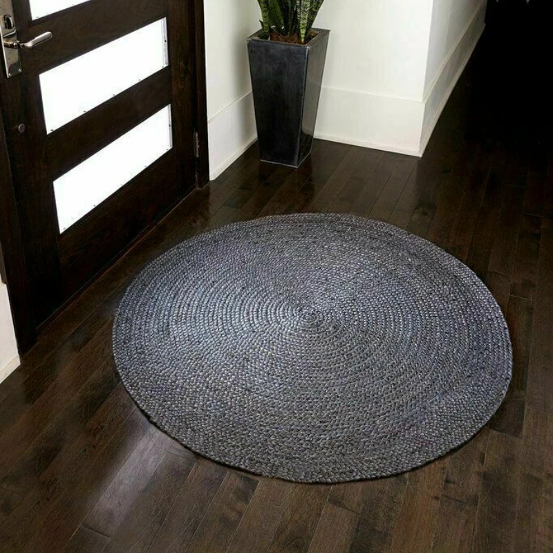 Rug Natural Jute Round Carpet Handloom Braided Pure Gray Rugs Home Living Room Area Floor Mat