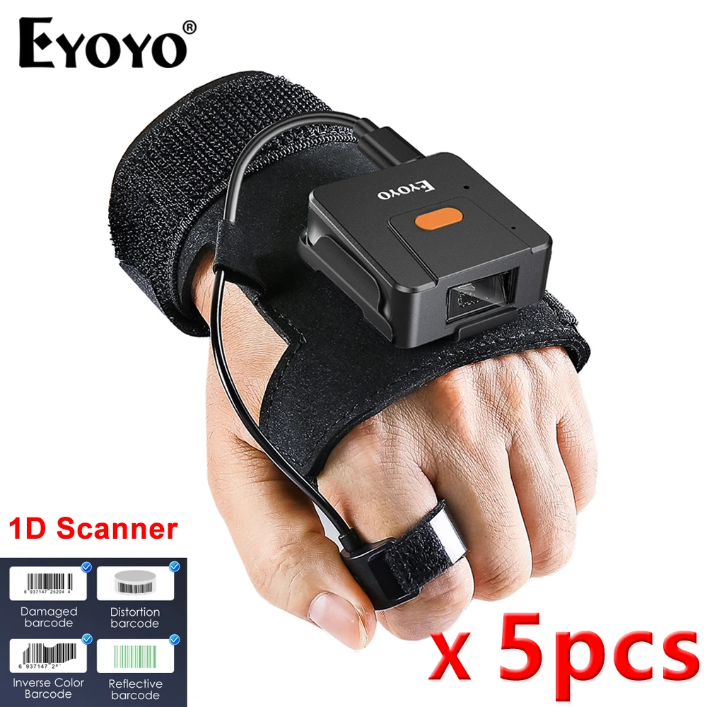 

Eyoyo 5pcs EY-027L Portable Wrist Wearable 1D Laser Bluetooth Barcode Scanner With Glove Finger Button Trigger 800mAh Battery