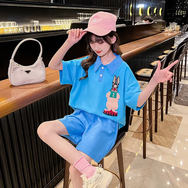 Girls' Summer Clothing Fashionable Suit Children's Western Style 2022 New Teenager Clothing Sports Summer Cartoon Two Piece Set