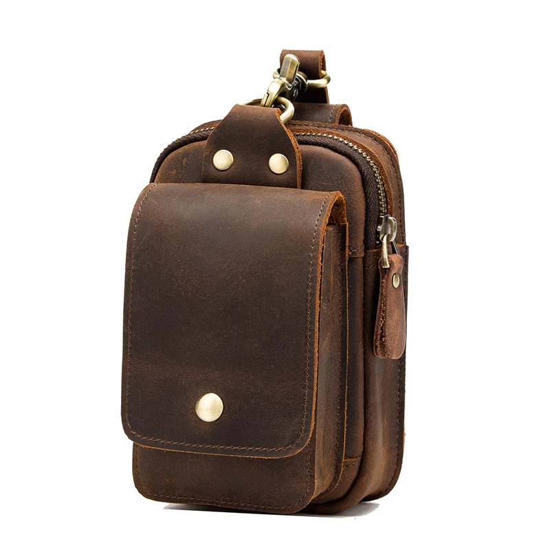 

2023 New Men Leather Waist Packs Male Crazy Horse Leather Belt Bag for Cigarette Phone Pouch Men's Small Travel Waist Bag