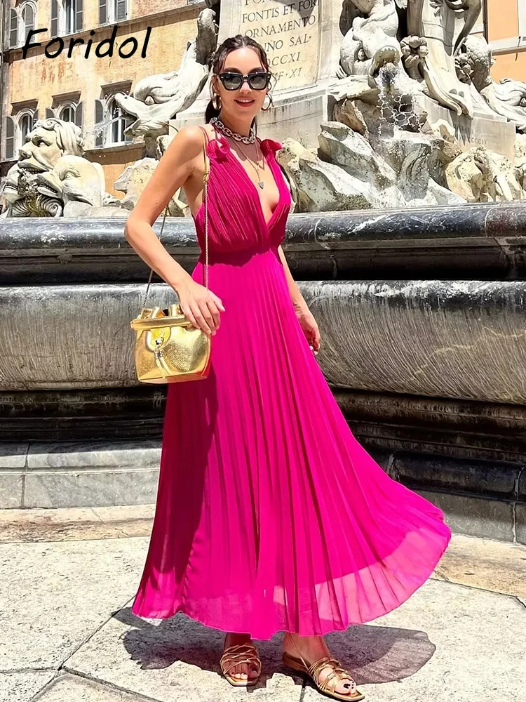 

Foridol Spaghetti Strap Ruffle Rose Red Ruched Party Women Long Sexy Dress Backless Christmas A-line Chiffon Sundress Autumn