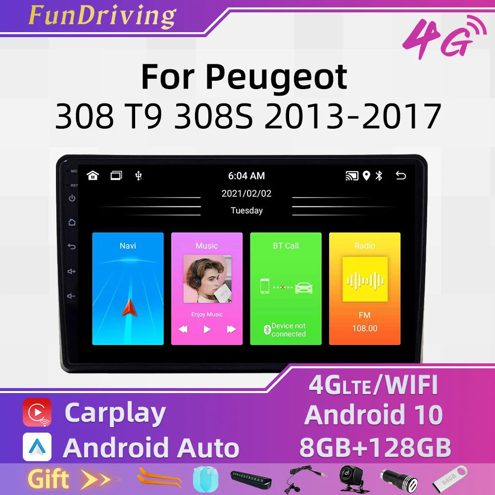 

Carplay стерео для Peugeot 308 T9 308S 2013-2017 автомобильное радио 2 Din Android мультимедийный плеер авторадио GPS-навигация головное устройство