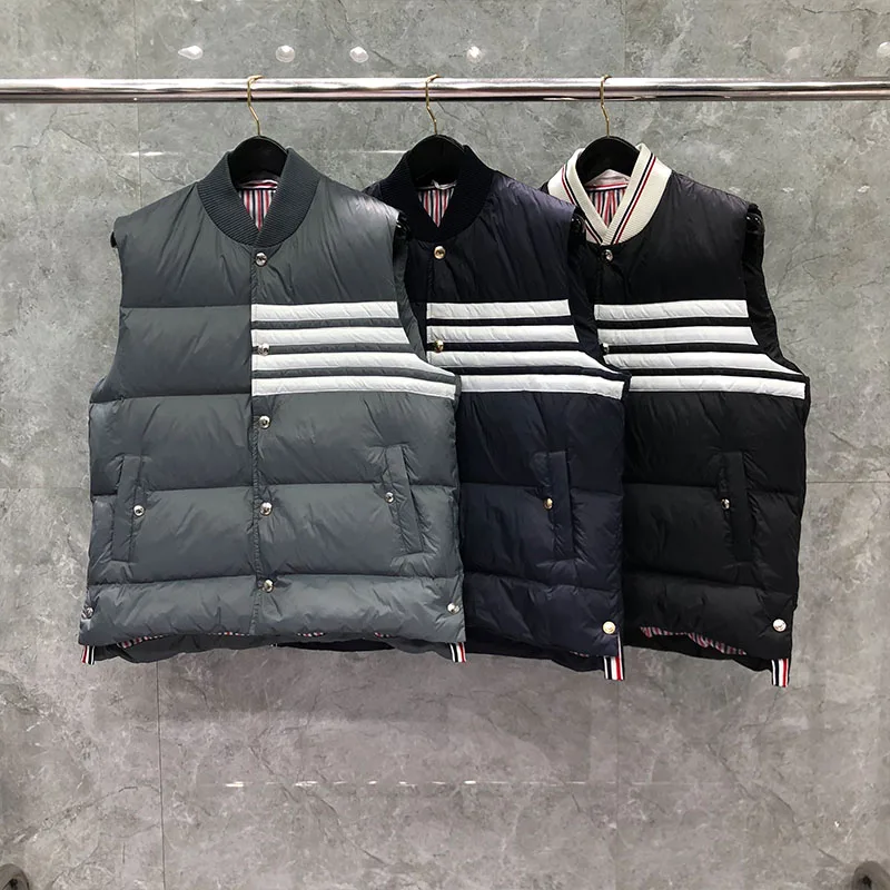 

TB THOM Men's Down Jacket Vest 4 Bar Stitching Light Warm High Quality Male Causal Coats Winter Striped Single Breasted Vests