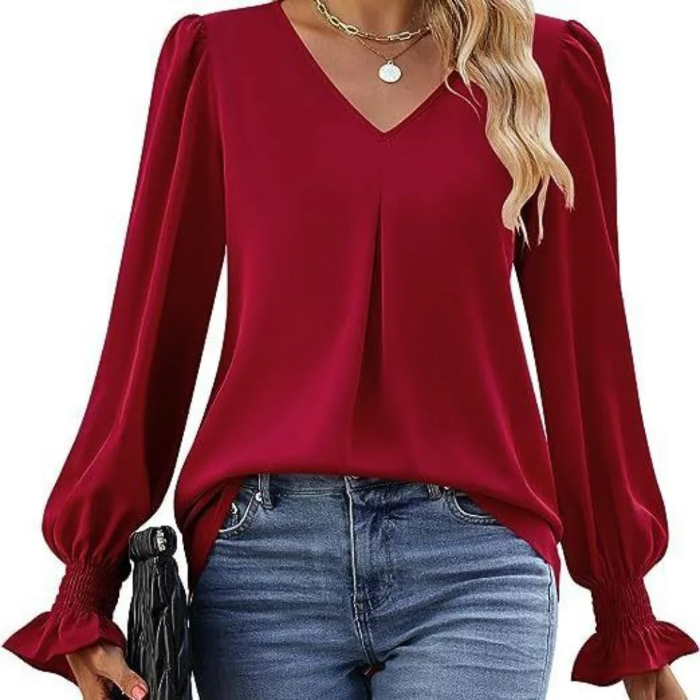 

Женская осенне-зимняя однотонная шифоновая рубашка с V-образным вырезом, пуловер, рубашки с длинными рукавами с рогами, Женская Повседневная Блузка, женская одежда для офиса
