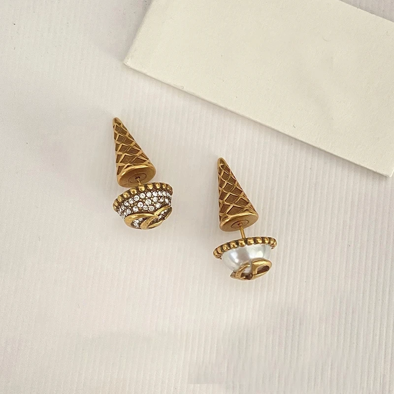 

Ice Cream with Crystal Pearl Classic Luxury Stud Earrings for Women 2022 Korean Fashion Aros Earring Charm Lady Vintage Jewelry