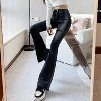 ripped micro flare jeans for women high street skinny black boot cut denim pants lady high waist slim long jeans trousers