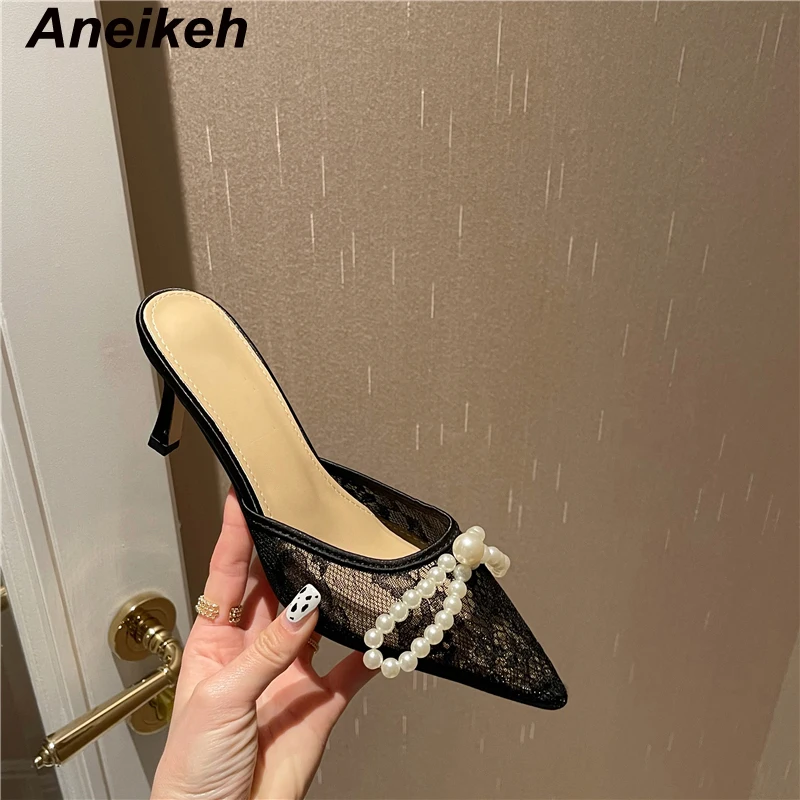 

Aneikeh модные элегантные туфли-лодочки с жемчугом и бантом 2023 женские кружевные заостренные туфли с ремешком на пятке тонкий высокий каблук весенне-летнее свадебное платье 35-40