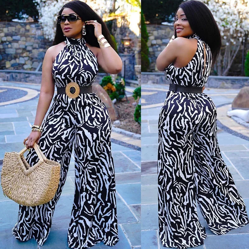 Женский комбинезон с лямкой на шее элегантный без рукавов широкими штанинами и