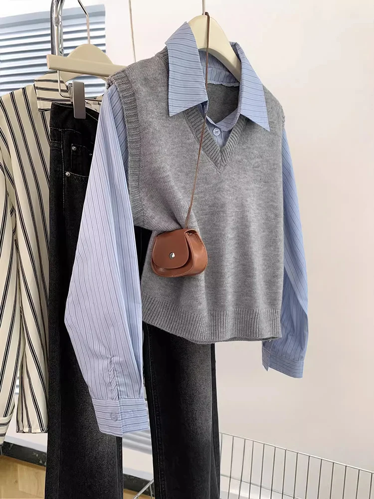 Сращенный поддельный Трикотажный жилет из двух частей топы осенний Новый Модный