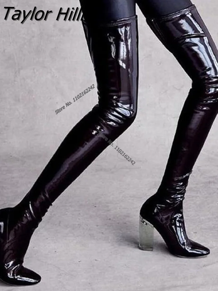 Сапоги выше колена из лакированной кожи на толстом каблуке с острым носком |