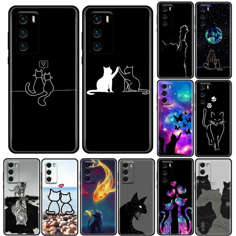 

Funny Cartoon Black Cat Line Art Silicon Fundas For Huawei P20 P30 P40 Lite Back Cover P20 P30 Pro P10 P50 P Smart Z Soft Cases