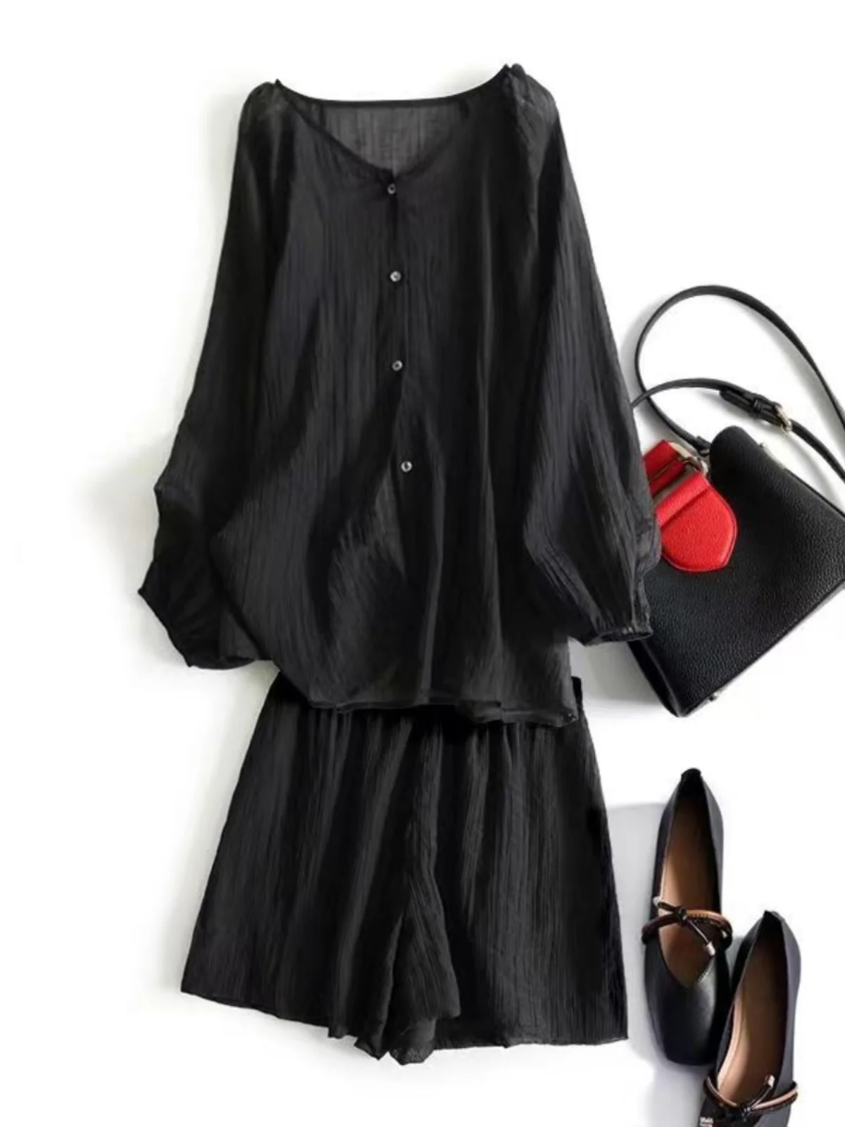 Lysel Sun Protection Fashionable Set Women Summer 2023 New Texture Light Shirts Top Wide Leg Shorts |