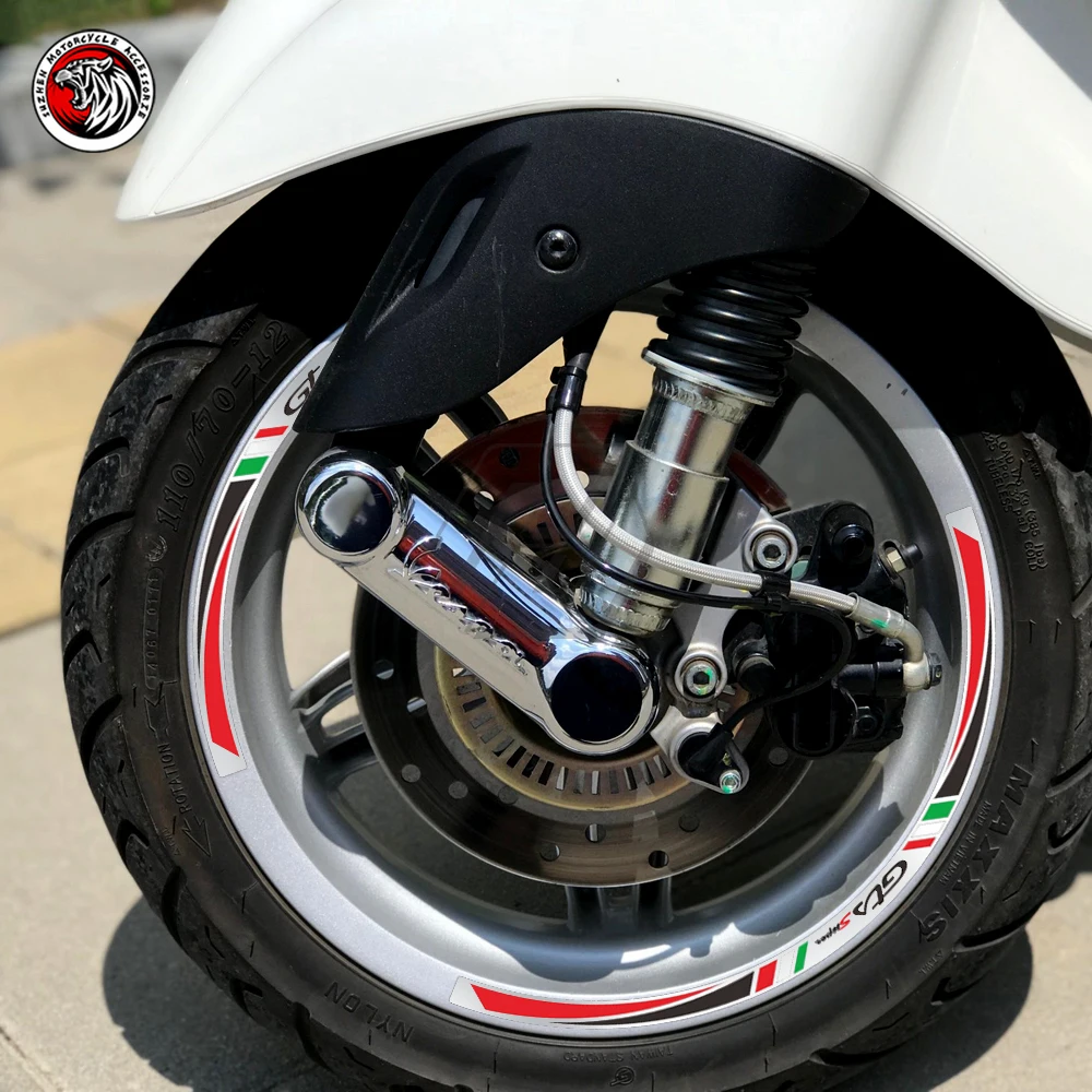

Комплект светоотражающих наклеек на колесо для скутера, 12 дюймов, подходит для Piaggio Vespa GTS Sprint Primavera 50 150 150S 300 300ie, наклейки на обод