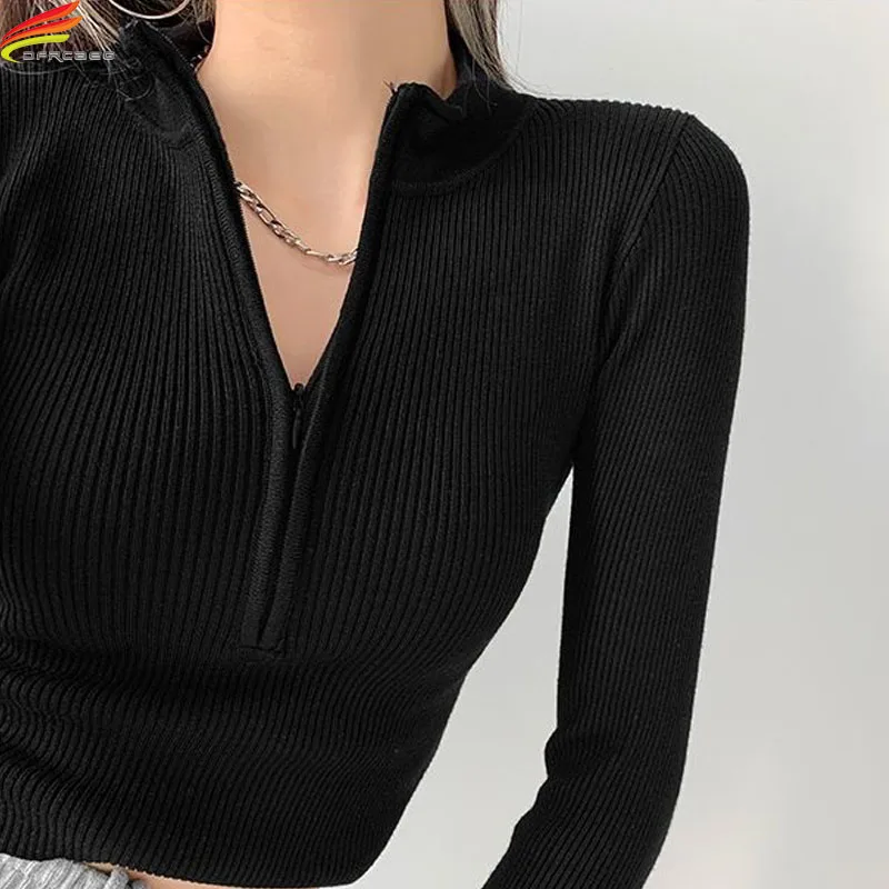 

DFRCAEG Cropped Sweaters For Women 2023 Autumn Long Sleeve Rib Cotton Gray White Or Black Color Knit Top Korean Style Pullovers