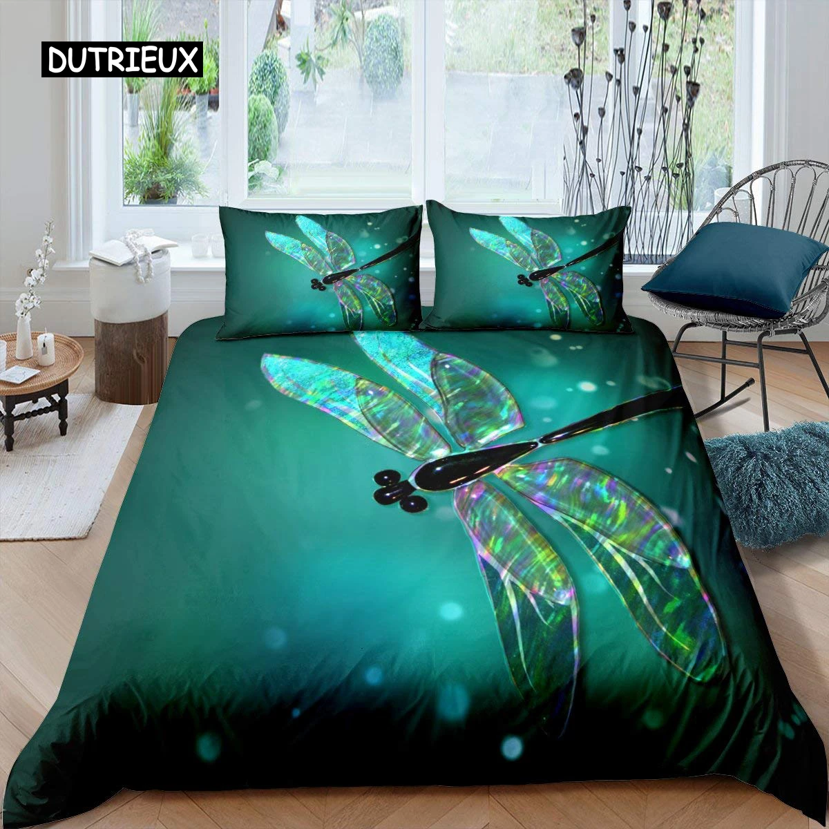 Dragonfly Duvet Cover Set King Size Colorful Wing Bedding for Kids Teens Adult Forset Wild Animal Theme 2/3pcs Quilt
