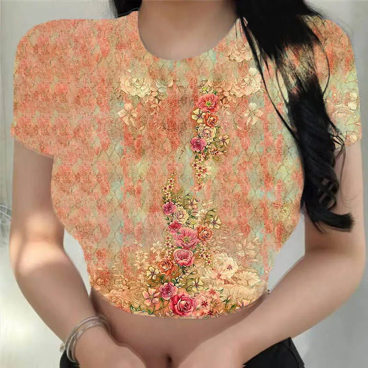 

New top with exposed navel, fashionable and versatile 2023 cross-border 3D digital printing in Europe and America