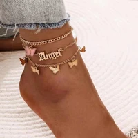 gold color butterfly anklets bohemia multilayer anklet bracelets for women letter anklet beach foot jewelry accessories