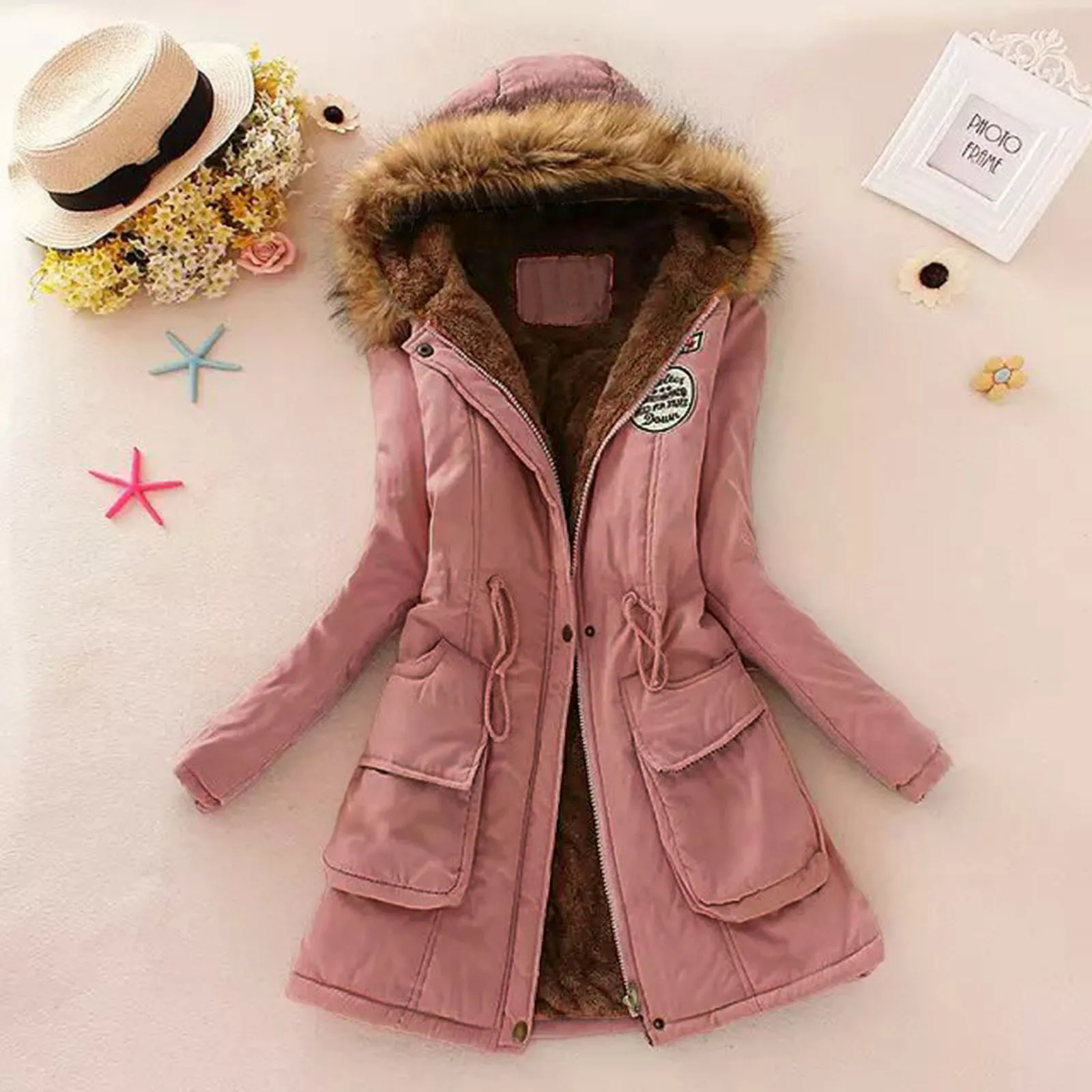 2024 зимние женские теплые парки средней длины флисовые карманы на молнии тонкая