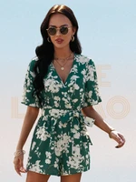 surplice front allover floral print belted playsuits women deep v neck wide leg pants rompers summer ladies casual jumpsuit