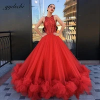 gorgeous red ball gown o neck tulle ruffles glitter sequined sleeveless prom dresses vestidos de gala evening party dress 2022