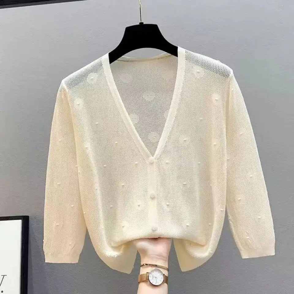 

YEMOGGY Spring/Summer 2022 New V-neck Hollow Out Shawl Pearl Knit Cardigan Women Solid Short High Waist Outer Thin Tops jacket
