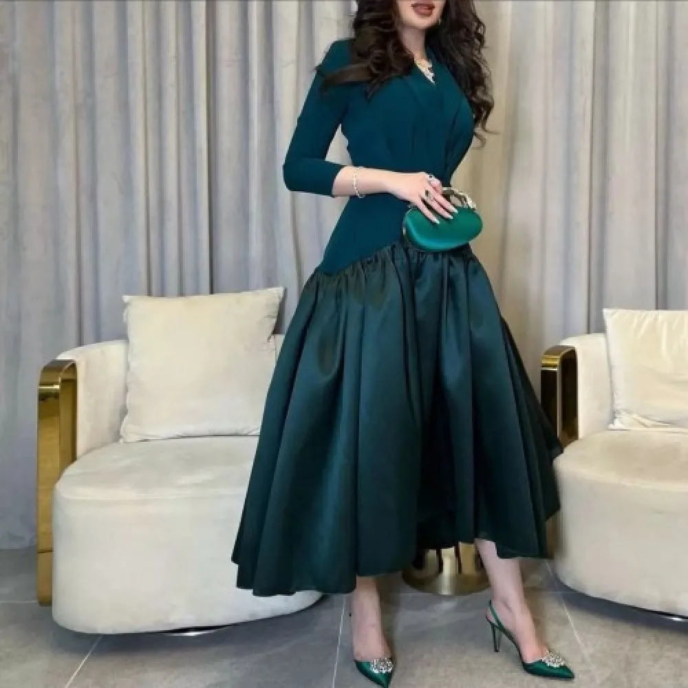 

GIOIO V-Neck A-line Satin Luxury Formal Evening Dresses Long Sleeves فساتين سهرة Ankle Length Elegant Prom Growns Party Women