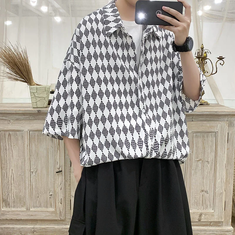 

Пляжная рубашка с коротким рукавом и принтом, свободная повседневная трендовая Праздничная мужская одежда с отложным воротником, универсальные летние топы из искусственной кожи