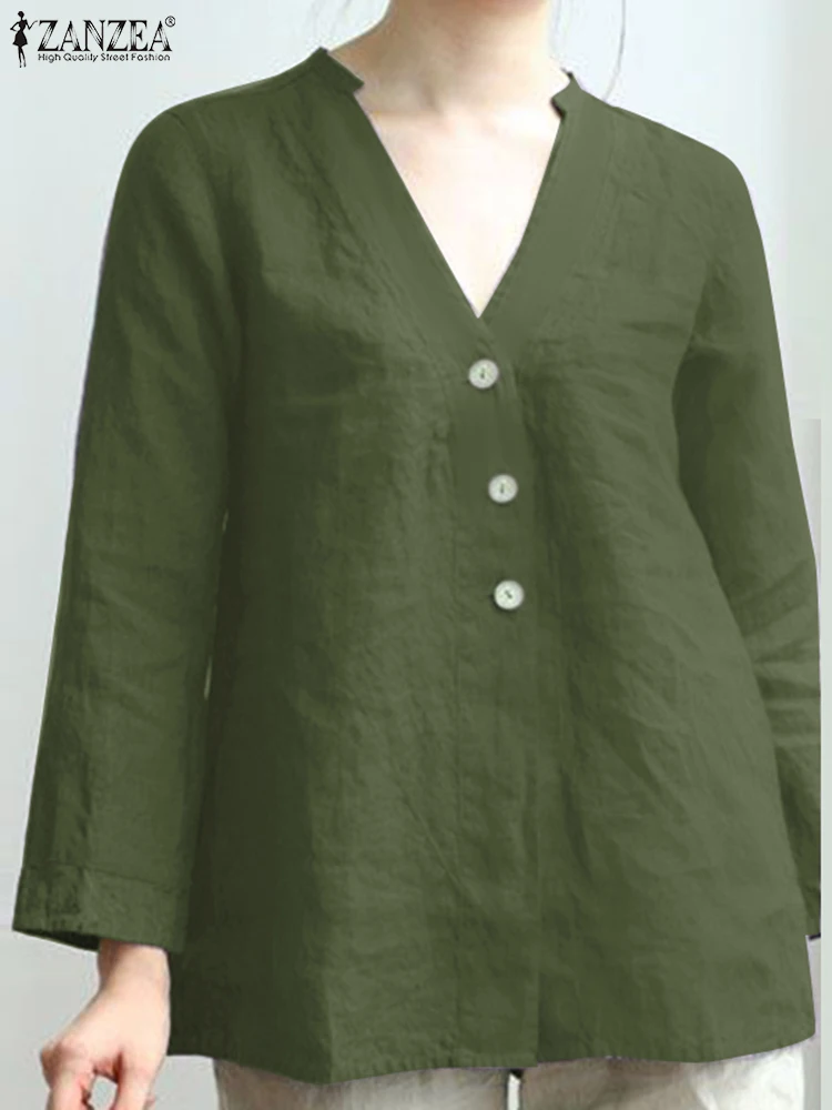

ZANZEA Fashion V Neck Women Shirt Summer Long Sleeve Work Blouse Vintage Loose Work OL Blusas Femme Buttons Down Shirts Tops