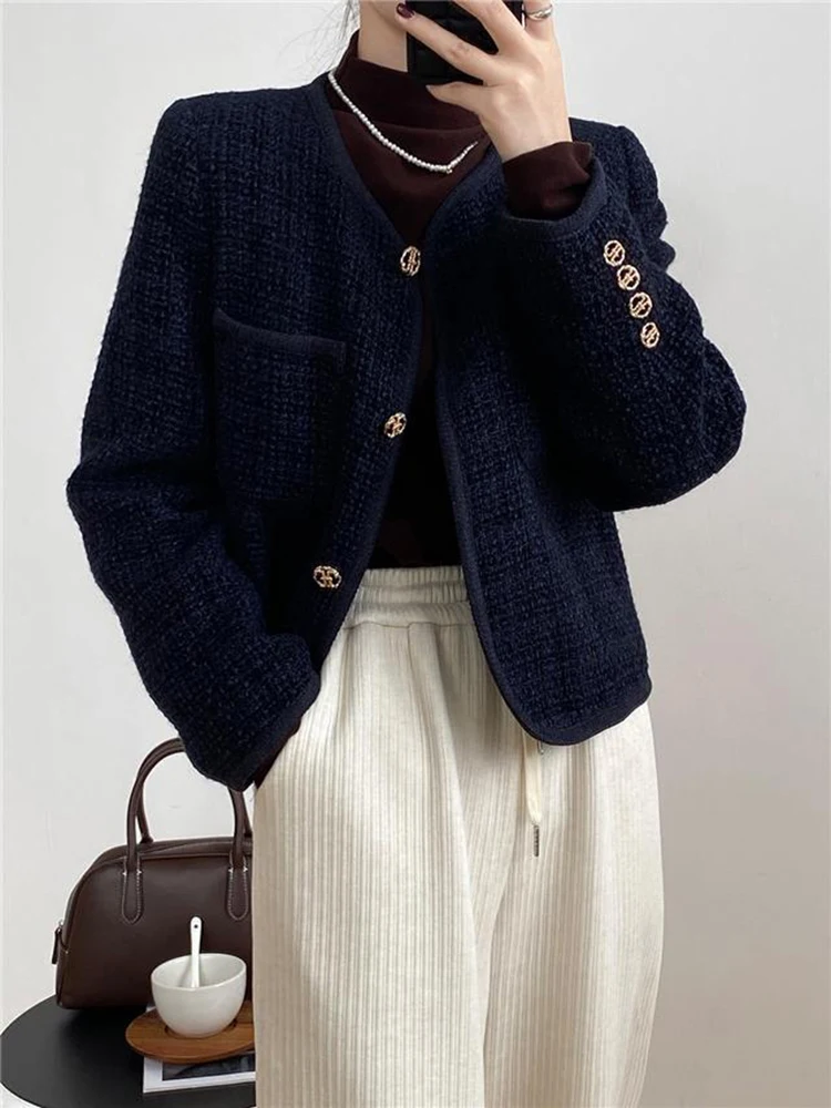 

KBAT Autumn Winter Small Fragrant Tweed Jacket Coat Women Vintage Woolen Short Coats Streetwear Elegant Casual Slim Outwear Crop