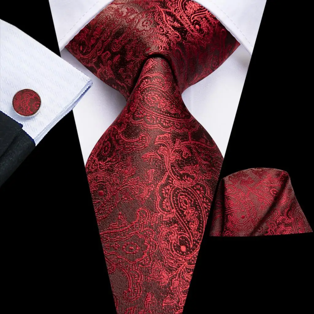 

Paisley Red Burgundy Silk Wedding Tie For Men Handky Cufflink Gift Mens Necktie Fashion Design Business Party Dropshiping Hi-Tie