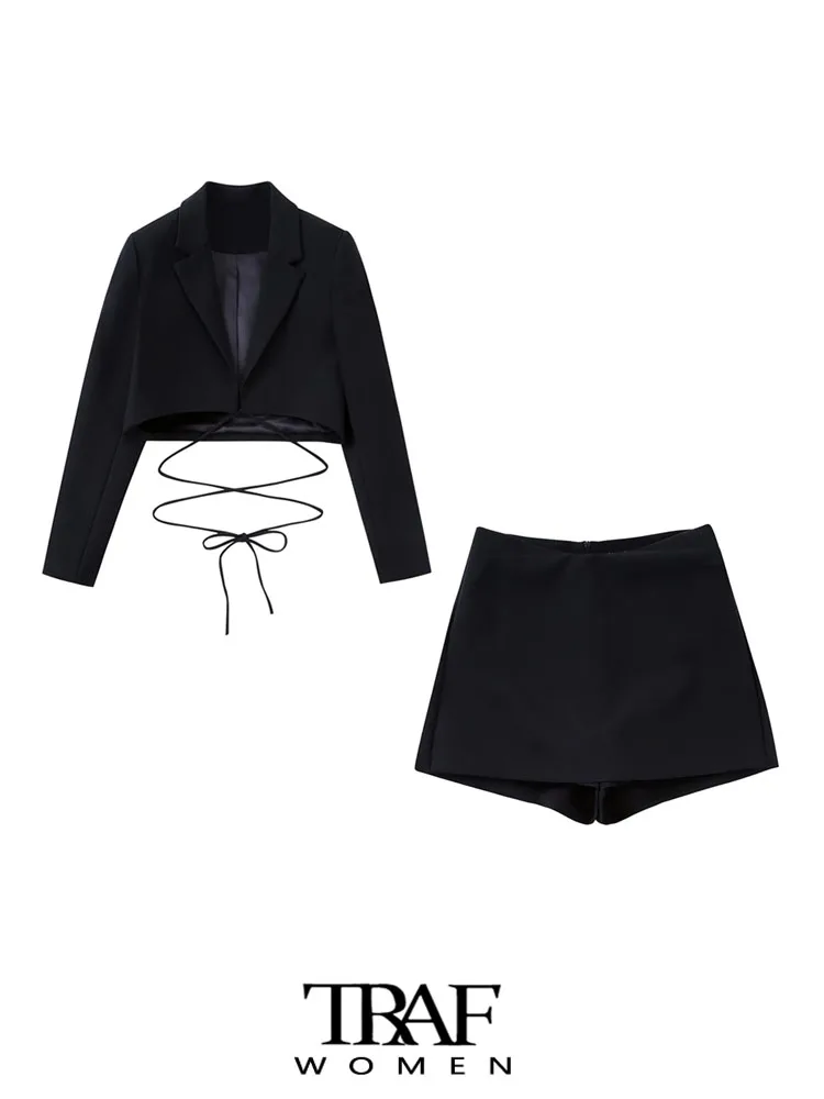 

TRAF Women Fashion Front Crossover Tied Cropped Blazer Coat And High Waist Back Zipper Shorts Skirts Female 2PC Sets Mujer