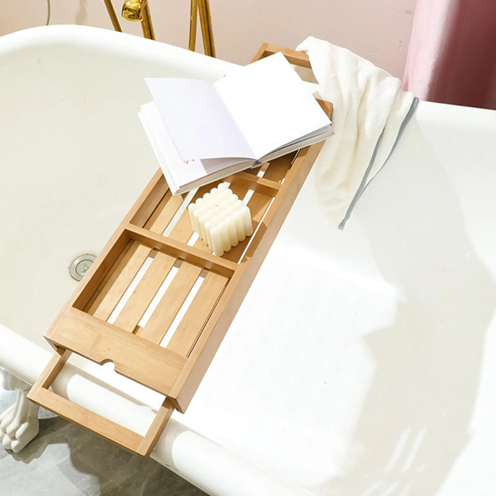 

Bath Caddy Phone Tablet Non Slip Book Soap Drinks Foldable Expandable Bath Shelf for Cup Breakfast Tealight Towel Bathroom