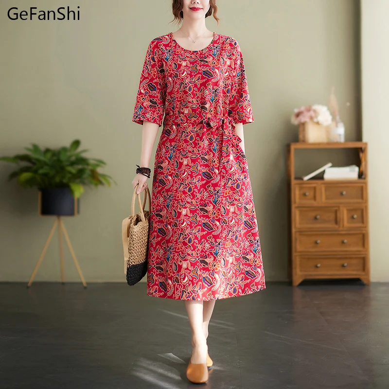 

2022 Print Floral Chic Casual Dress New Arrival Half Sleeve Loose Summer Dresses Women Vintage Work Long Dress Clothing