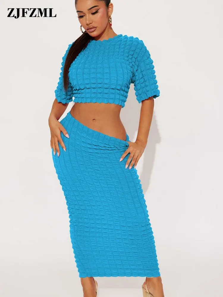 

neon color ruched 2 piece matching sets summer woman half sleeve crewneck pullover and high waist body-shaping maxi skirt beach