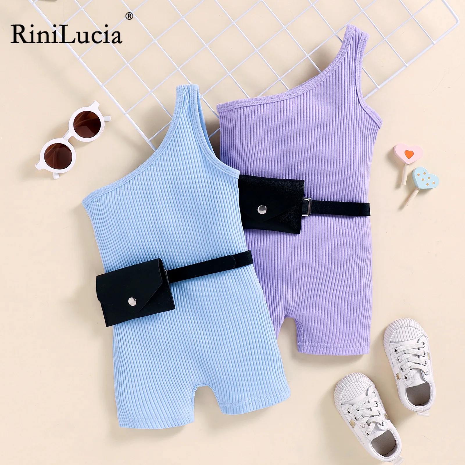 

RiniLucia 2-6Y Fashion Toddler Girls Summer Jumpsuits Pants with Belt Sleeveless Solid Knit Playsuits + Purses
