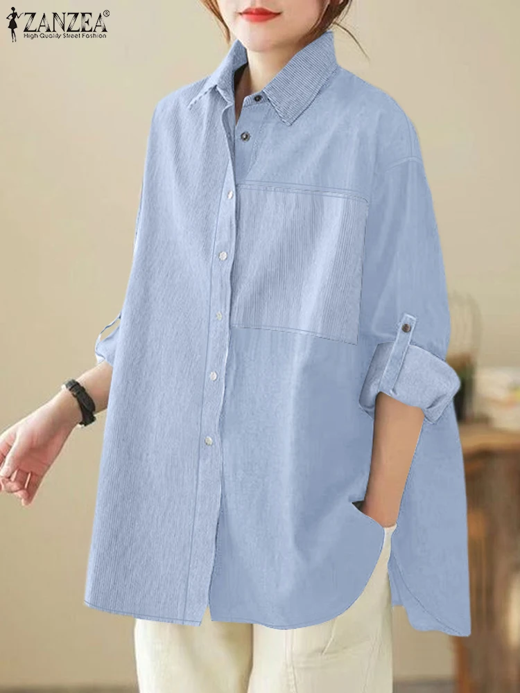 ZANZEA 2024 топы с цветными блоками осенние женские рубашки повседневная свободная