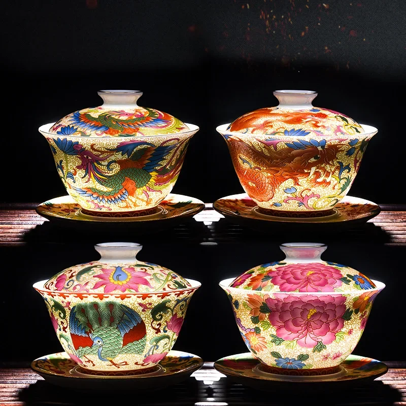 

2024 Chinese Dragon Year Teacup Enamel Color Gaiwai Phoenix Peacock Flower Colorful Bone China Tea Tureen Festival Gift